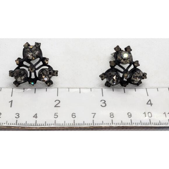 Earrings-Clip On-Vintage Joseph Warner-Black Metal-Dark Rhinestones - Picture 10 of 10